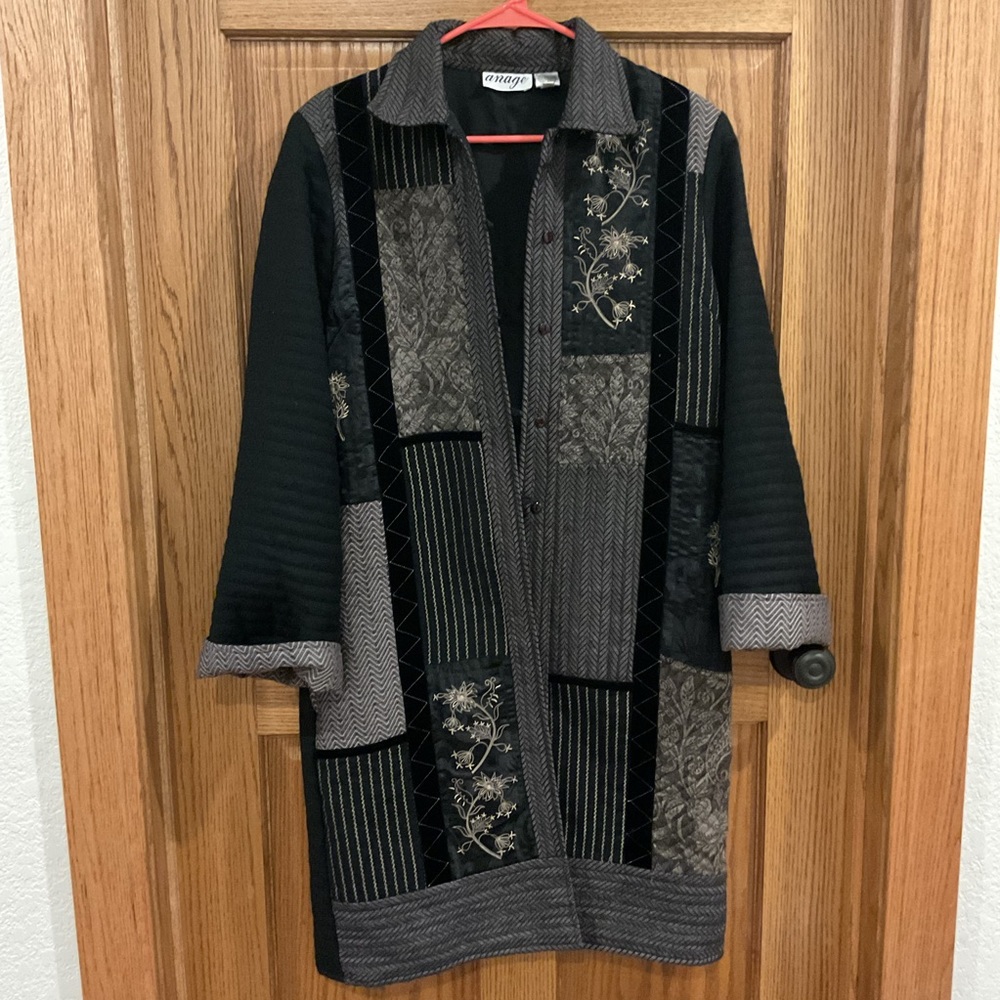 Vintage Anage Patchwork Quilted Wool Coat Embroidered Long Jacket S
